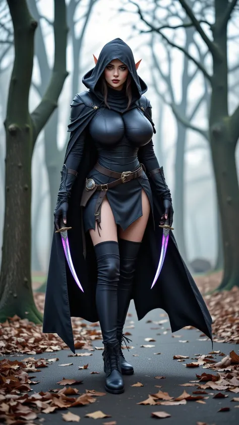 1girl, solo, elf, long hair, purple eyes, serious, slim waist, (((black assassin's facemask))), fingerless gloves, (((black hooded cape, cloak)))), assassin, ((((full black fantasy assassin's body armour))), (((hooded))), (full body), black fingerless elbo...