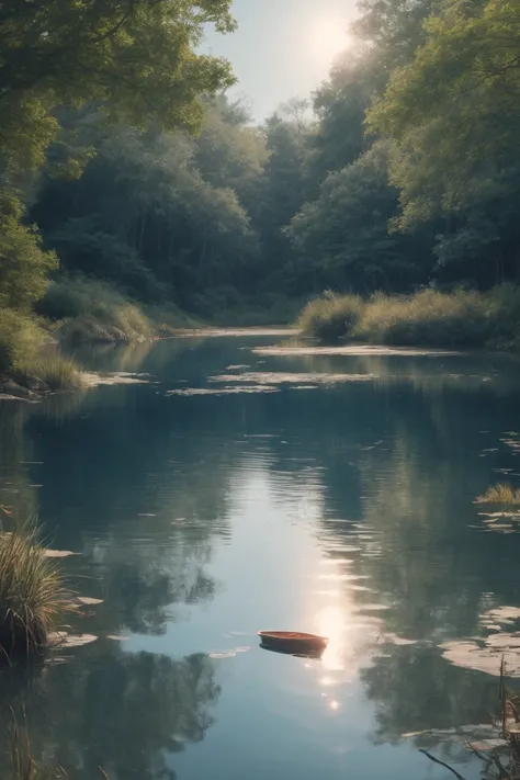 (best quality, masterpiece, photorealistic, elaborate details:1.2), A beautiful early morning landscape with a tranquil, crystal-clear lake reflecting the blue sky. In the foreground, a person close to the camera approaching the lake before sunrise, with a...