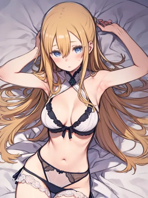 No Shadow,  flat design 、 flat color 、 sketch、Woman taking off clothes in bedroom、Big Breasts、 big size、Sleepy eyes、blush、 blonde hair、 STRAIGHT LONG HAIR、hair between eyes、 blue eyes、 lingerie to raise armpits、