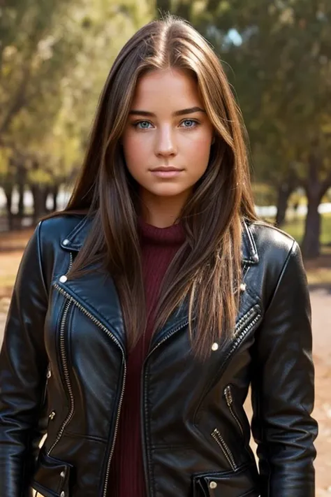 Jessica Hart, 19 year old , face portrait, long hair, wearing tight black leather jacket over sweater, very chubby, overweight, austrlian outback