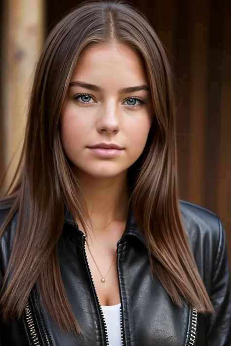 Jessica Hart, 19 year old , face portrait, long hair, wearing tight black leather jacket over sweater, very chubby, overweight, austrlian outback