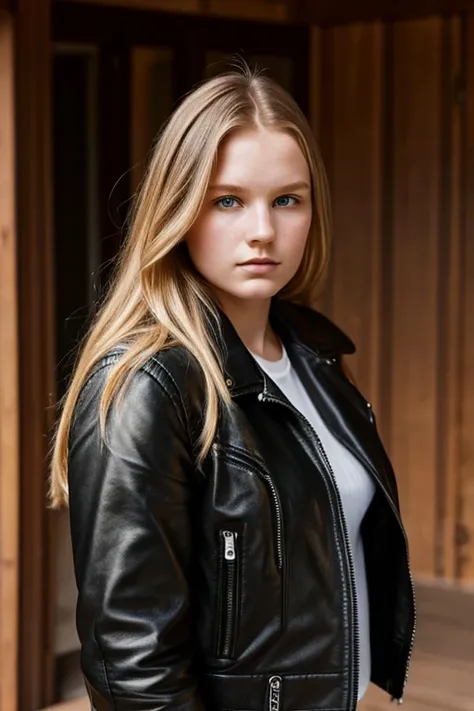 Julia Nobis, 19 year old , face portrait, long hair, wearing tight black leather jacket over sweater, very chubby, overweight, austrlian outback