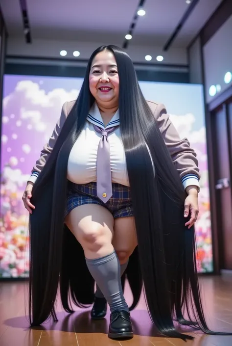 ridiculously long beautiful black hair that reaches all the way to the floor,huge saggy tits that hang down to the navel,Japanese mature woman in her 50s,A close-up shot of a petite Japanese idol performing energetically on a brightly lit stage, captured f...