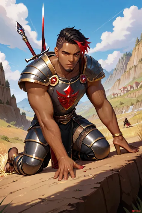 g
Create a dark-skinned African black man, With short black dread hair with red highlights, with goatee,  with blood red eyes ,  bronze armor with gold and diamond details black stones in, The man is on a battlefield looking down from a mountain to the cas...