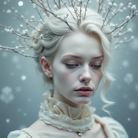  creates a photograph of a beautiful European albino woman with a winter theme, subtle colors, minimalist, Outfits, blue tones. A photograph of an albino woman with a white face  . The woman looks sad and low .  the scene is nocturnal but she is illuminate...