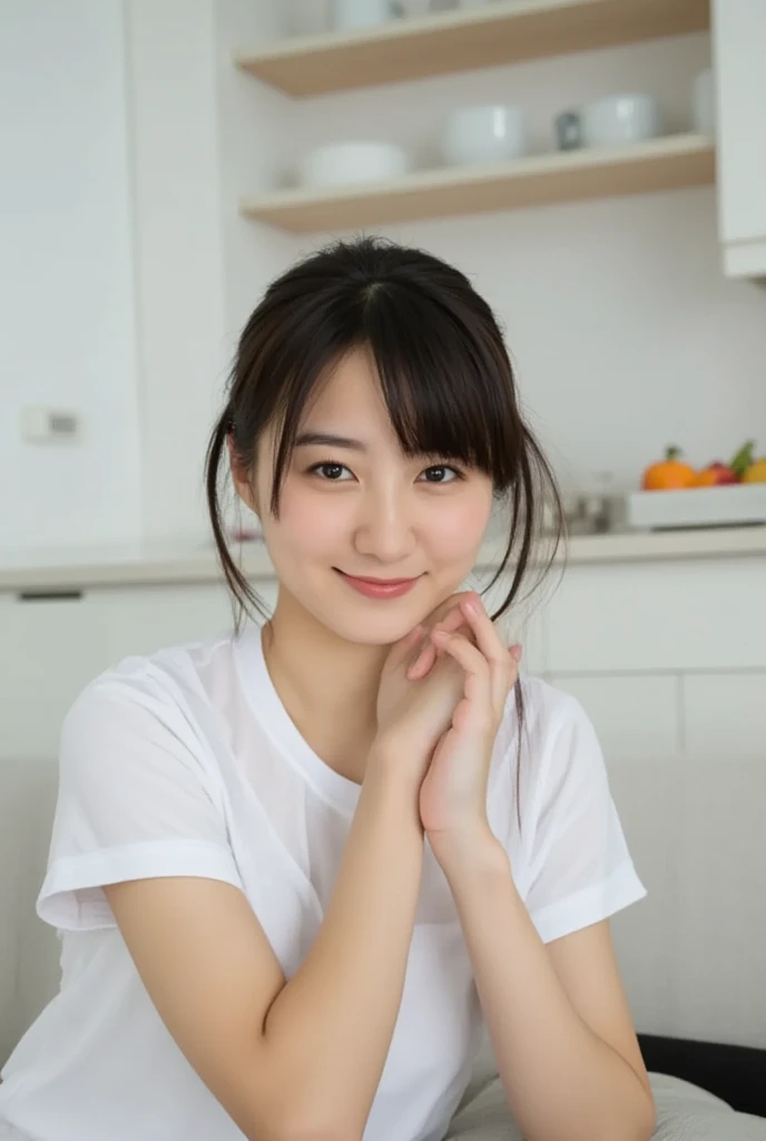 ((( low angle shot、 and stare at the camera  :1.22,   lean forward  , Roomy open shirt without underwear )))、 young woman showing a natural smile while putting her hands under her chin 。 wear a casual white t-shirt 、 features a loosely tied ponytail and so...