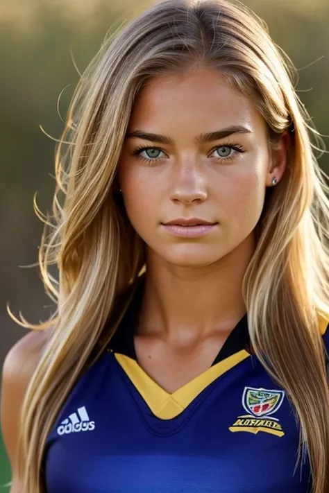 Jessica Hart, 19 year old , face portrait, long hair, wearing tight rugby jersey, very lean muscular, austrlian outback