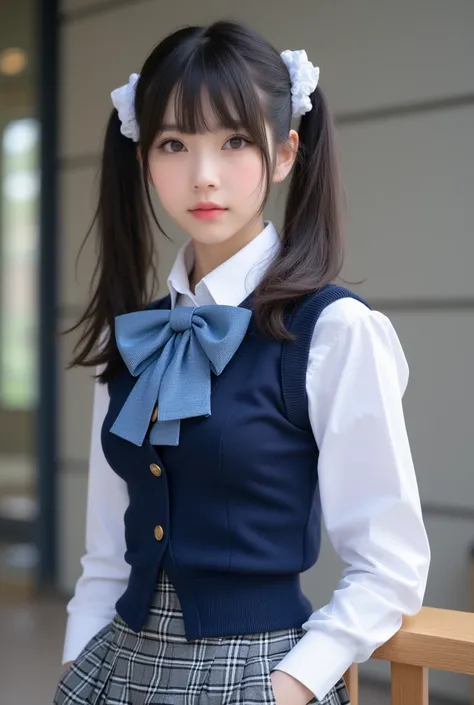  Japanese woman、 ponytail、 scrunchies、 white ribbon、 Japanese high school girl uniform 、 white blouse、Large blue plaid ribbon on the chest、Navy blue knit vest、 Grey plaid mini skirt 、live-action、 real 