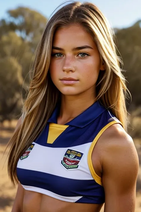 Jessica Hart, 19 year old , face portrait, long hair, wearing tight rugby jersey, very lean muscular, austrlian outback