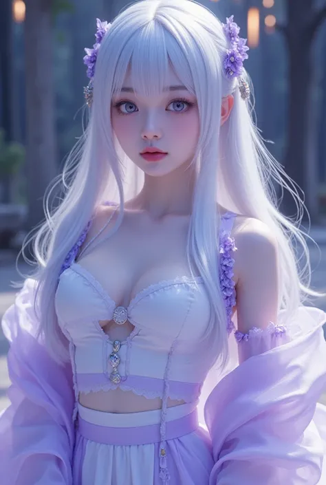 Create a girl, Asian face , Emilia from King Zero,  white hair, Centillo , white clothes with violet, violet eyes, Emilia , cinematic,  slim body,  small bust,  small buttocks