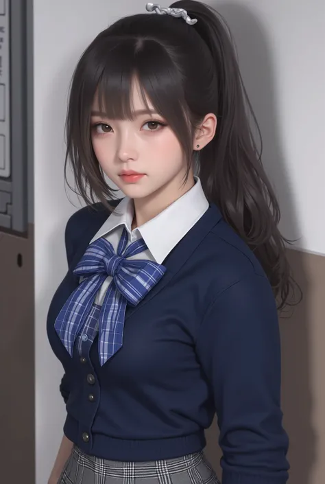  Japanese woman、 ponytail、 scrunchies、 white ribbon、 Japanese high school girl uniform 、 white blouse、Large blue plaid ribbon on the chest、 navy blue sweater、 Grey plaid mini skirt 、live-action、 real 