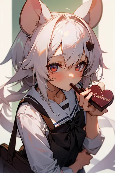  high resolution, White Rat,Personification,Mouse ears ,woman, Valentine,Offer chocolate, I was shy,school uniform