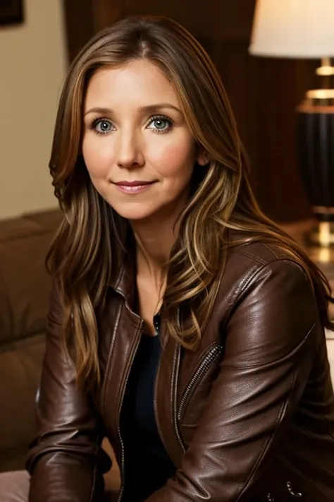 Sarah Chalke, milf, face portrait, long brown hair, wearing leather jacket over sweater, cozy home