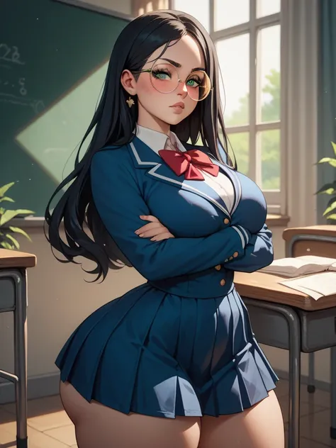 Masterpiece, 1 girl, black hair, long hair, green eyes, golden round glasses, blush, small waist, massive boobs, huge thighs, huge ass, arms crossed, mad, school uniform, clevage, short skirt