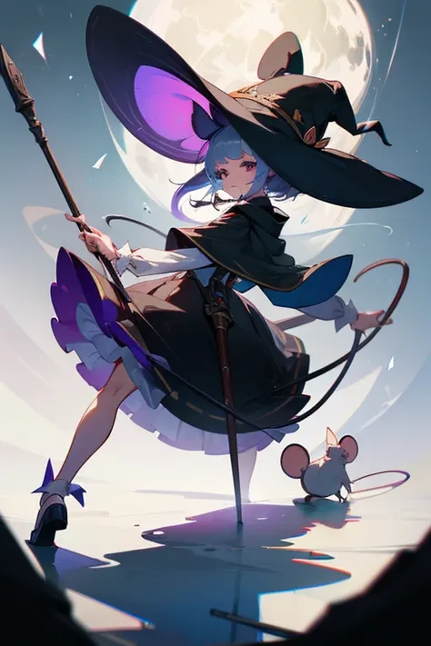  high resolution, White Rat,Personification,Mouse ears ,woman,witch, has a cane, Magic Rim