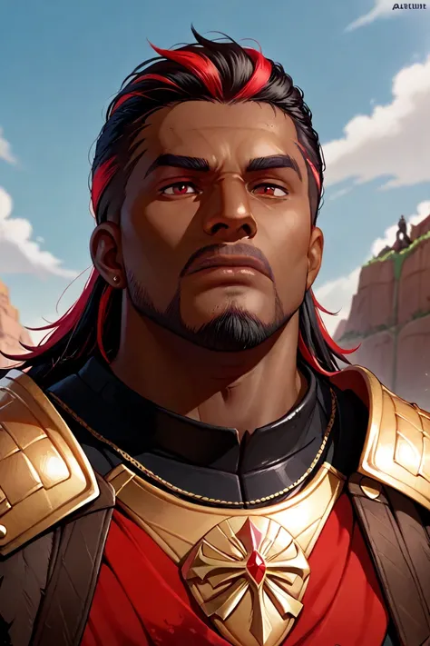 Create a dark-skinned African black man, With short black dread hair with red highlights, with goatee,  with blood red eyes ,  bronze armor with gold and diamond details black stones in, Create a dark-skinned African black man, With short black dread hair ...