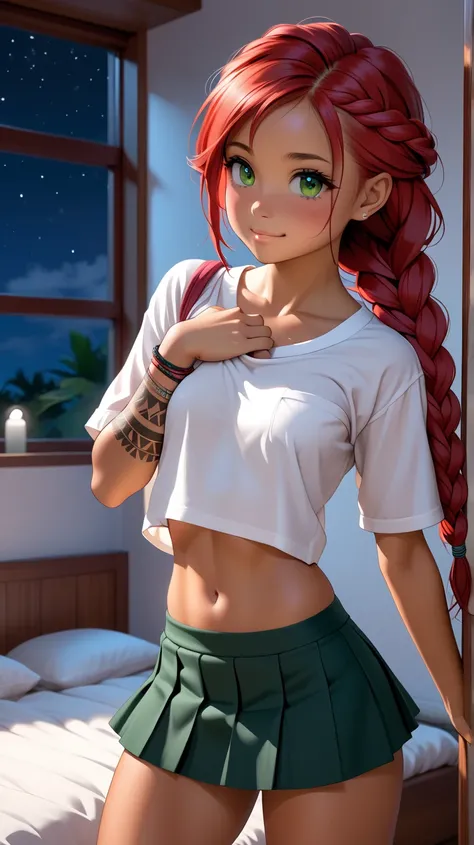 Detailed, realistic, 1 young petite short girl, young looking face, 3/4 body view, ((front view)), (facing viewer), stuffed animals, bedroom, bright red hair, long hair, the sides are braided, green eyes, high cheekbones, hair is loose over a shoulder, (sm...