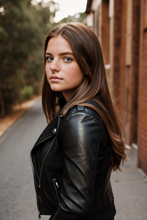 Elyse Taylor, 19 year old , face portrait, long brown hair, freckles, wearing tight black leather jacket over sweater, very chubby, overweight, austrlian outback