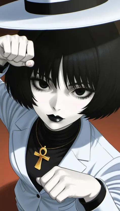 very white gothic woman with pale skin, short messy black hair, black eyes and lips, black lipstick, wearing ankh necklace, wearing Michael Jackson's white Panama suit and hat, doing a dance pose, top view, anime style