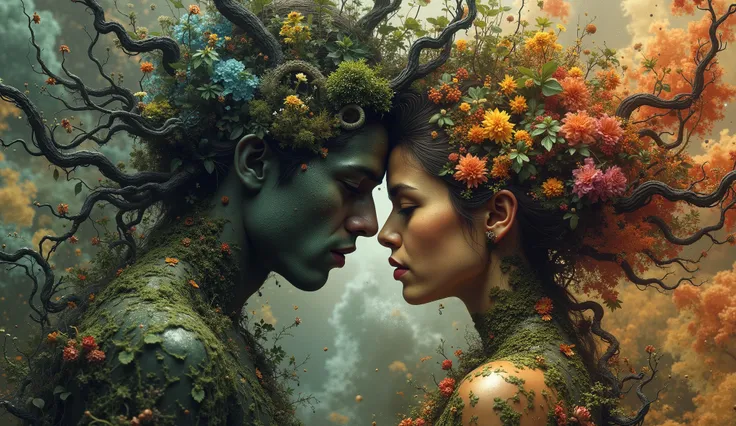 Hypermaximalist, a masterpiece, abstract, punk collage, urbanpunk, random textures, graffiti strokes, surreal artwork, impermanence moody, digital illustration, ink splash art ethereal portrait of a man and woman hugged, (mathematical vegetation patterns:1...