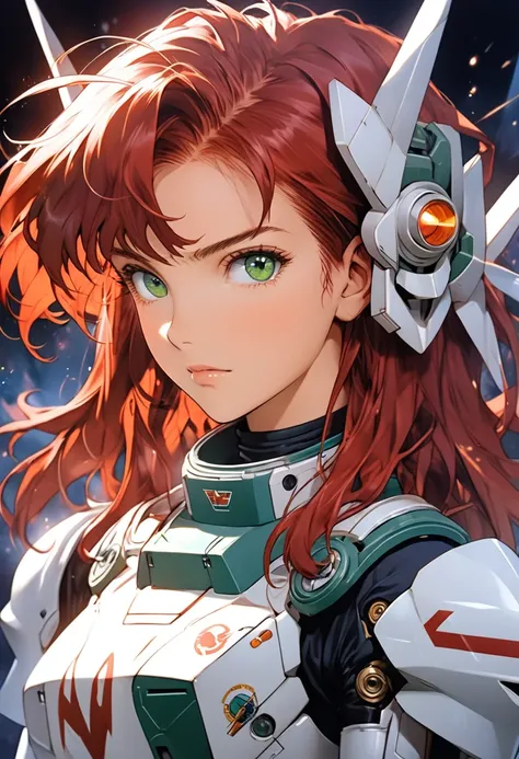 a close up of a person with a red hair and a green eye, gainax anime style, kusanagi, gainax, portrait knights of zodiac girl, knights of zodiac girl, asuka, studio gainax art, studio gainax, with shoulder pads, robotech styling, alphonse musha, xenogears,...