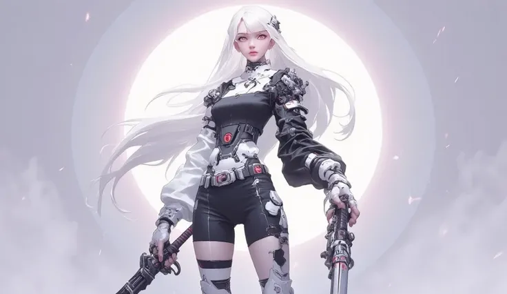 Imagine a striking young AI woman with dark red glowing eyes and long, flowing white hair, no bangs. She’s really tall, with thick thighs, wide hips, long legs, pretty hands and a slender waist. Her outfit is black and white with a cool, futuristic vibe. A...