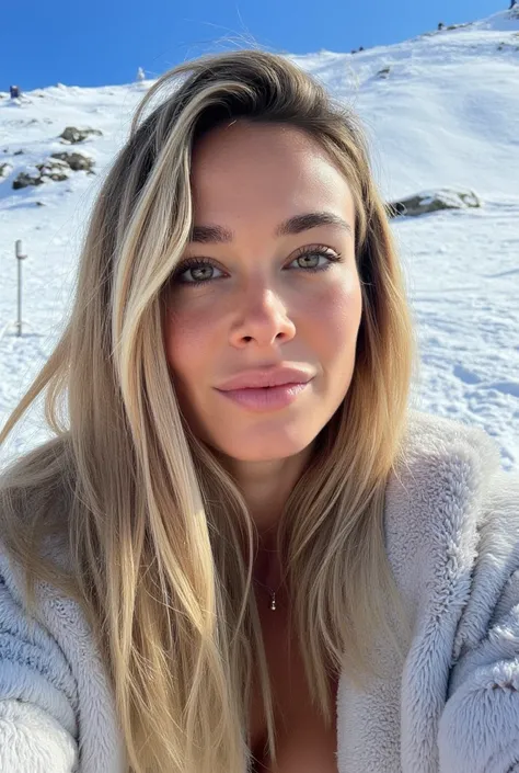  Diletta blonde long hair, Selfie, close to a ski slope, Italy, Full ski slope, snow clothing, cleavage, The photo shows the entire upper part of the body.