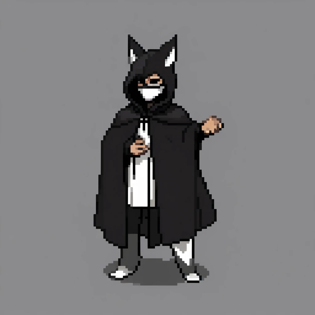 Hooded fox man with a black cape, cultists , cultured type , white mask, dark white background. 