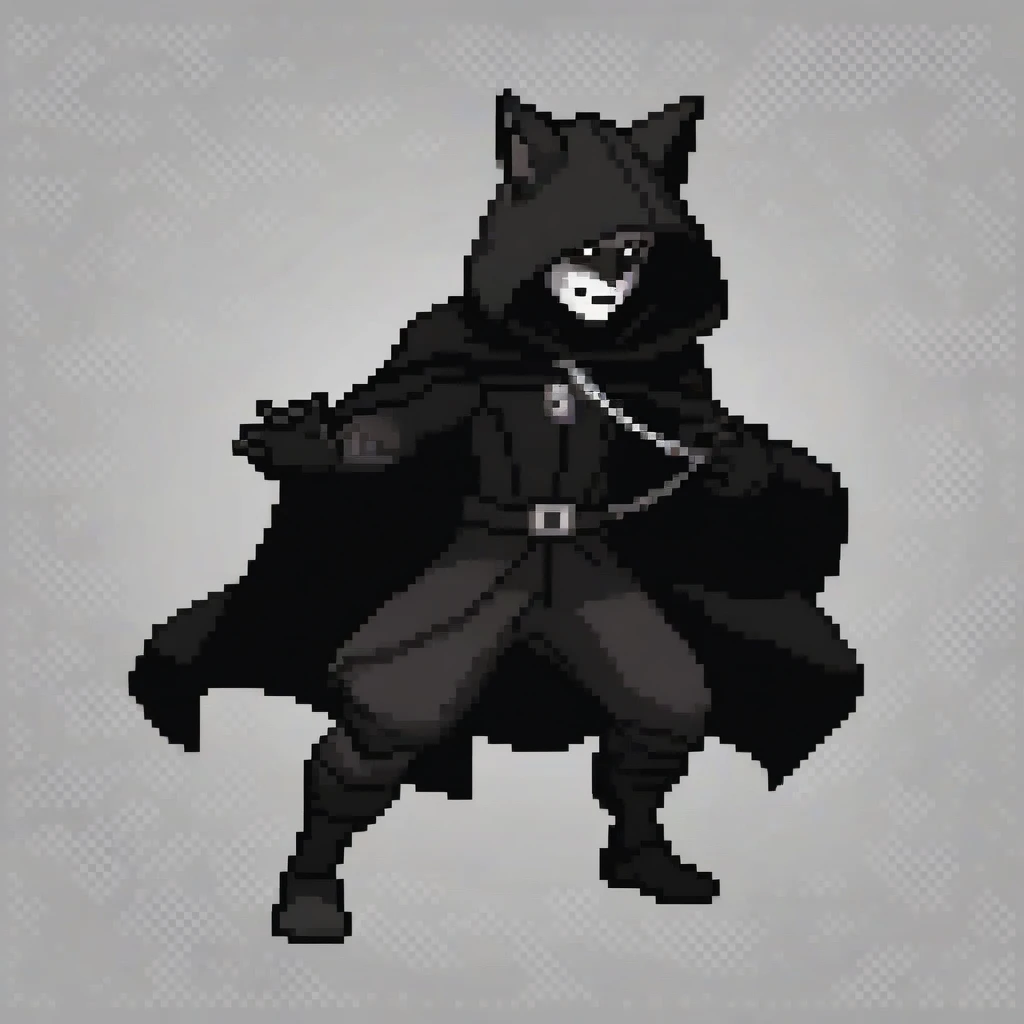 Hooded fox man with a black cape, cultists , cultured type , white mask, dark white background. 