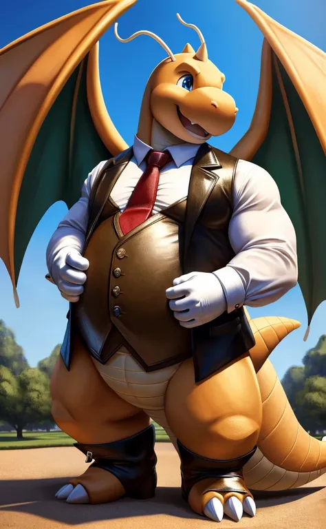 Solo, Male, fat, musclegut, obese, steampunk, gentleman, dapper Dragonite, tilting head down, blue eyes, wearing a big leather collar around his neck, wearing fancy white spats on his feets, dapper spats, white spats go up to the ankles, spats only go up t...