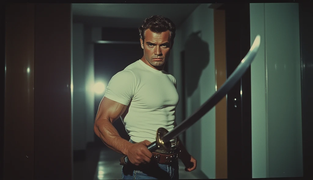 butch ,  played by Kirk Douglas , with a Katana in his hand and in a white t-shirt ,  behind a corner of a corridor . Retro image of the 50's .