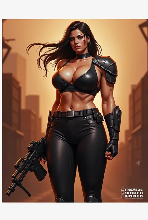 Reference Star Wars .  Rebel warrior cara dune . South American type. Corps musclé vu de face. Determined attitude. round chest, domed and very bulky G cup.  Long and black hair with side parting . Large, black band hides the chest . black leather skinny p...