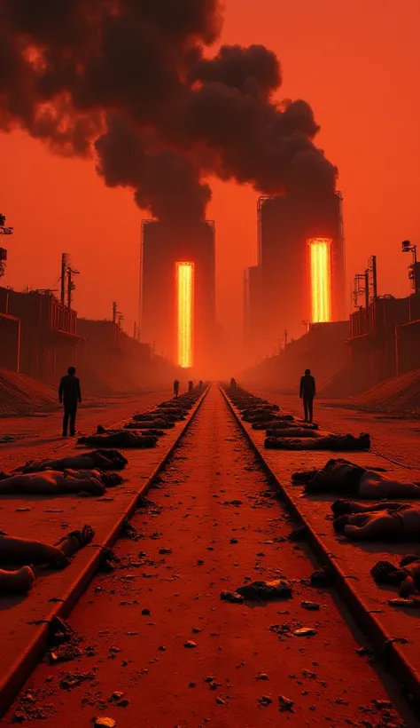 A dystopian Martian facility with towering furnaces emitting plumes of black smoke into a crimson sky. Rows of lifeless, emaciated bodies lie on conveyor belts leading into the incinerators, illuminated by the flickering orange glow of flames. The environm...