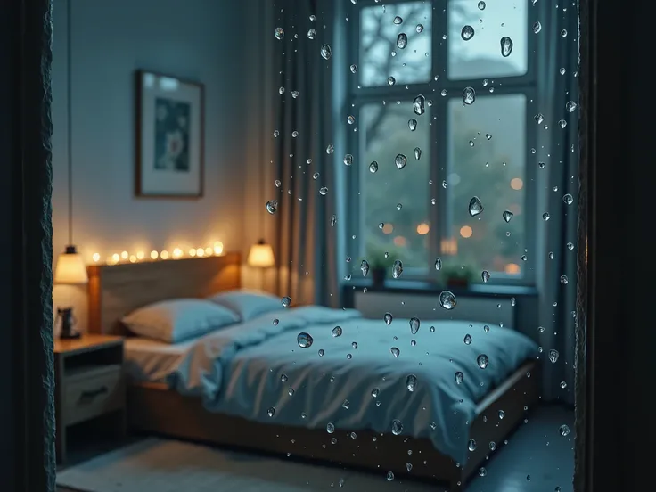 vision of raindrops on a glass and through it a cozy bedroom with a tidy bed.
