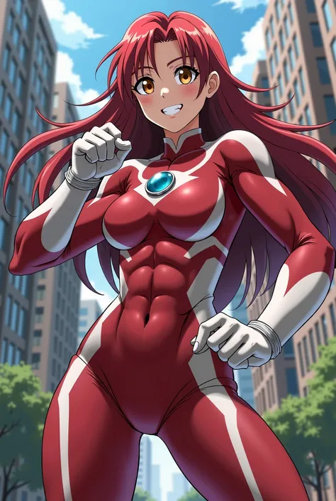 My Hero Academia Style , Anime girl, female, young female,muscular female,Full Body Shot,(fighting Pose:1.3),Long hair, Red Hair,  Brown Eyes,Hero Suit, Full Body Suit, red suit with white details,small round blue jewel in the center of the chest, perfect ...