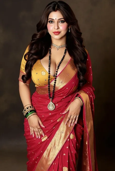 Tall curvaceous thick lady, plum lips, breast size g cup, black lustrous hair, curvy thighs,. The lady has a evil smile expression, wearing a elegant saree and a deep neck blouse and that beautifully reveals her cleavage and navel visible, nipples slightly...