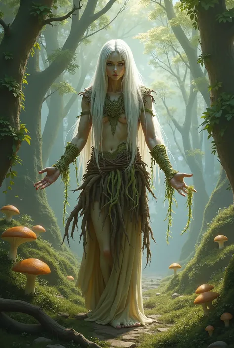 Dnd pallid elf druid of spores, long white hair, hide armor