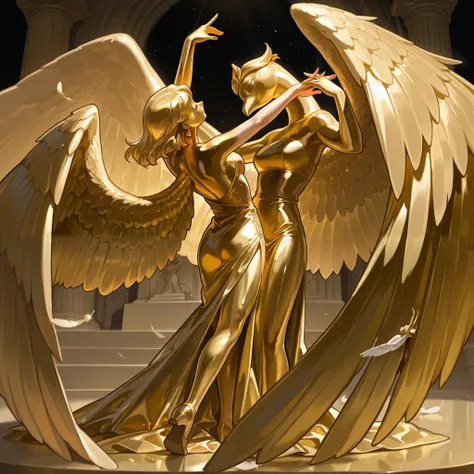 Golden swan, woman, feathers, wings, dancing, gold dress, completely gold body, statue.