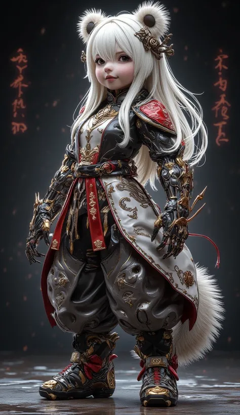  masterpiece,   High resolution little bear ,  HD model ,  high detail,   High quality ,   very detailed ,  3D rendering, woman, Chinese style,  long white hair , Computer traitor  ,  vintage clothes ,  HD , mecha,  full body costume,