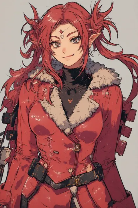 Girl with a neutral appearance ,   ,   , Long curly red hair, Hair turned to the right, Blue eyes,  calm expression ,  pure expression,  happy expression , A fluffy red coat over a black sweater,  Gundam's blade antenna on the forehead, The blade antenna i...