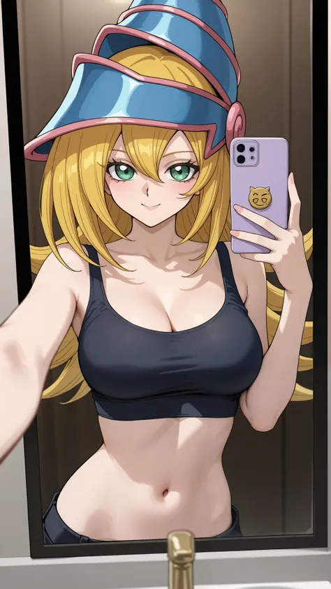 1girl,  dark Magician girls. solo,  in front of mirror,selfie,hip tilt,,upper body, navel, shirt with "Monst3r" text, midriff, seductive smile, sexy, 