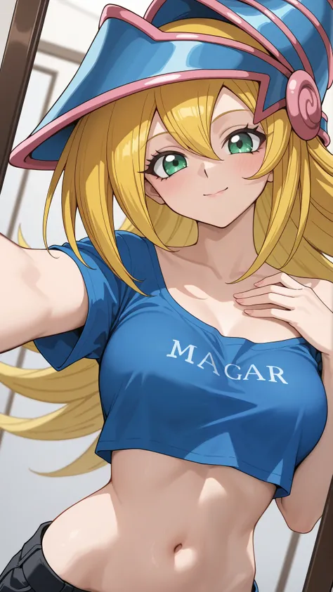 1girl,  dark Magician girls. solo,  in front of mirror,selfie,hip tilt,,upper body, navel, shirt with "Monst3r" text, midriff, seductive smile, sexy, 