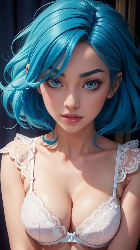   The image features a vibrant and lively anime character with striking blue hair and rosy lips, Who is wearing a white lace bra and has a playful and inviting pose .