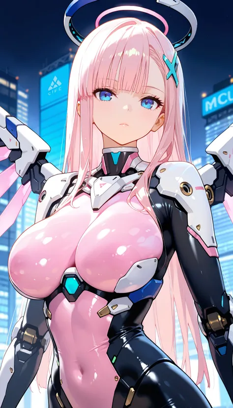 1girl ,shiny skin ,gleaming skin,,expressionless,eyelashes,,blue eyes,pink hair,hime cut,short straight hair,asymmetrical bangs,large breasts,beautifully shaped breasts,mechanical wings,mechanical halo,mechanical body,mechanical arms,mechanical legs,super ...