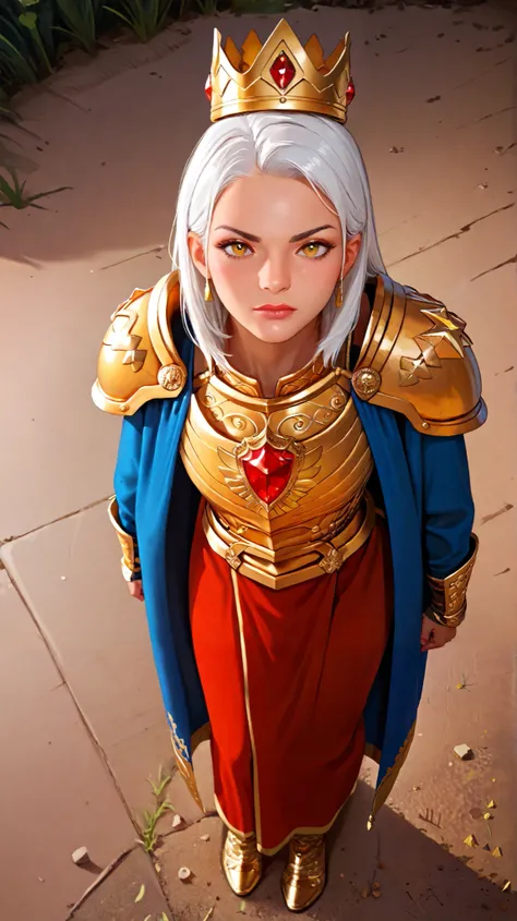 Create a woman of fire, very tall, with white hair, yellow eyes, very beautiful with a sculptural body, wearing golden armor, wearing a golden crown with red stones, fighting face to face against a giant warrior, on a battlefield. (full body image) (16k qu...