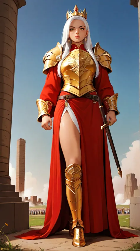 Create a woman of fire, very tall, with white hair, yellow eyes, very beautiful with a sculptural body, wearing golden armor, wearing a golden crown with red stones, fighting face to face against a giant warrior, on a battlefield. (full body image) (16k qu...