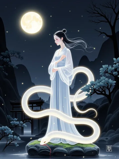 (((New Chinese simple illustrations, national style, transparent, glowing, fluorescent white, white snake))), 1girl, A mythical figure known as 'Hebi-Onna,' depicted as a beautiful yet terrifying woman with the upper body of a human and the lower body of a...