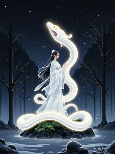 (((New Chinese simple illustrations, national style, transparent, glowing, fluorescent white, white snake))), 1girl, A mythical figure known as 'Hebi-Onna,' depicted as a beautiful yet terrifying woman with the upper body of a human and the lower body of a...