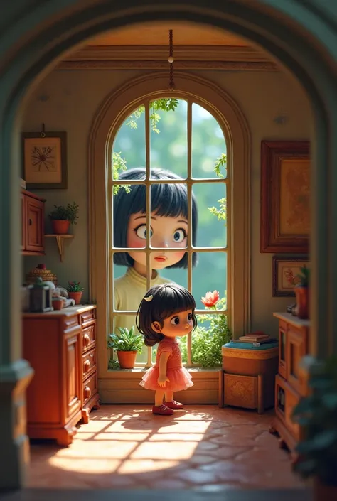 crea stile Pixar Disney  in miniatura,  a girl trapped in a dollhouse, the face of a giant  *****  peeking out the window ,