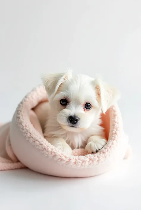 A photo shoot of a Maltese puppy with a blanket. The background of the stage will be white. realistic